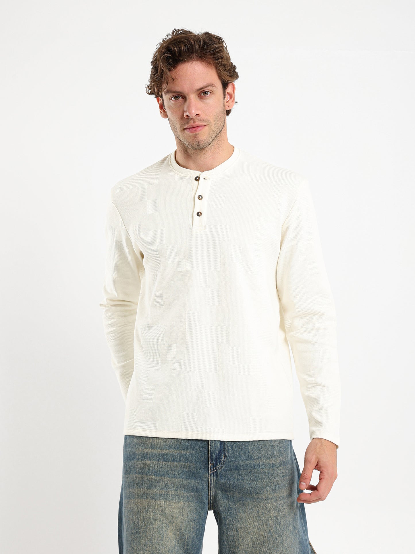 Waffle Grandad Collar Long Sleeve T-Shirt