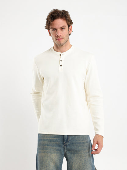 Waffle Grandad Collar Long Sleeve T-Shirt