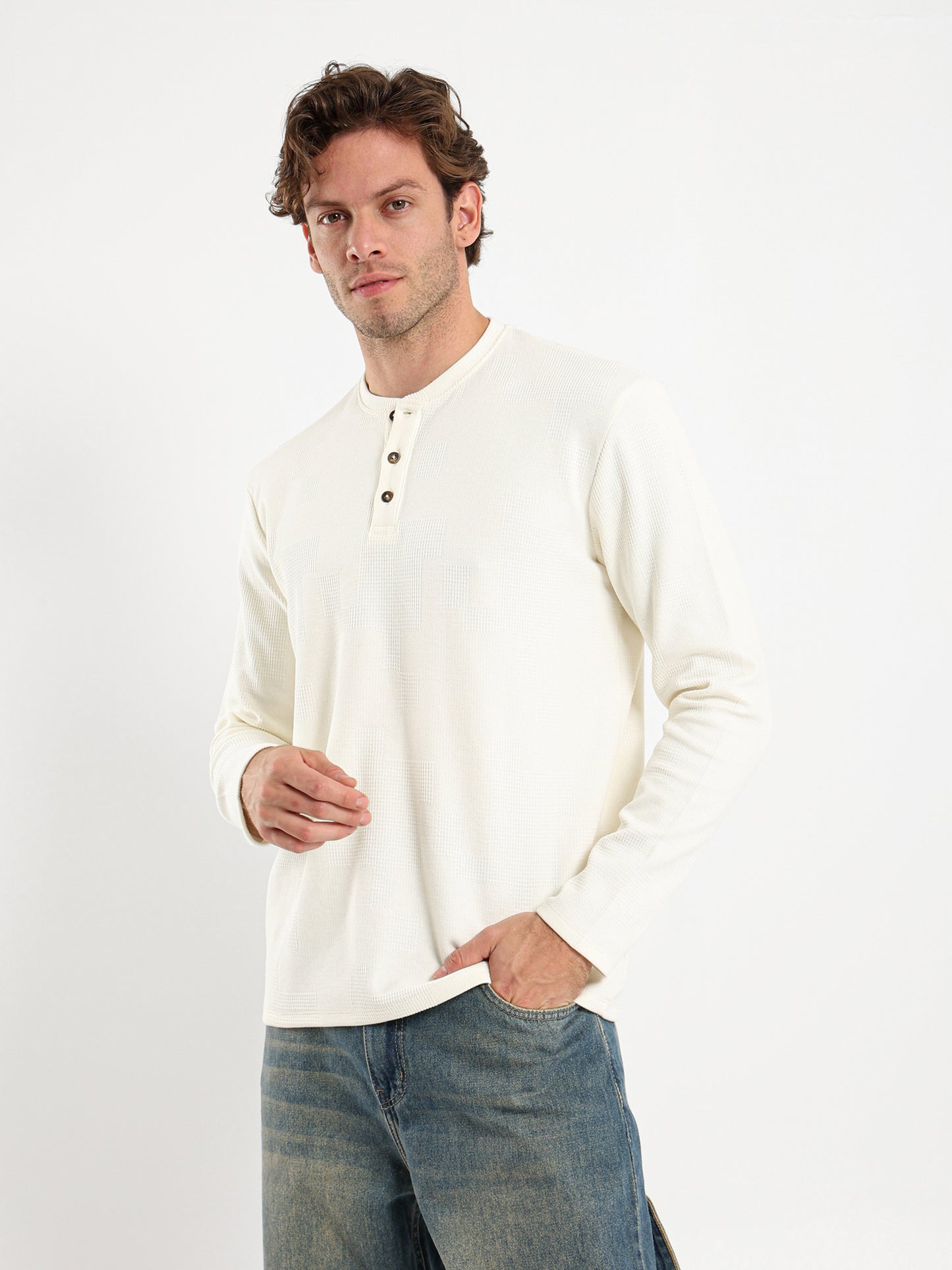 Waffle Grandad Collar Long Sleeve T-Shirt