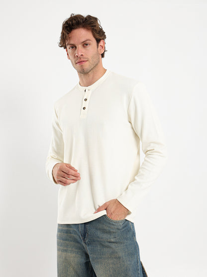 Waffle Grandad Collar Long Sleeve T-Shirt