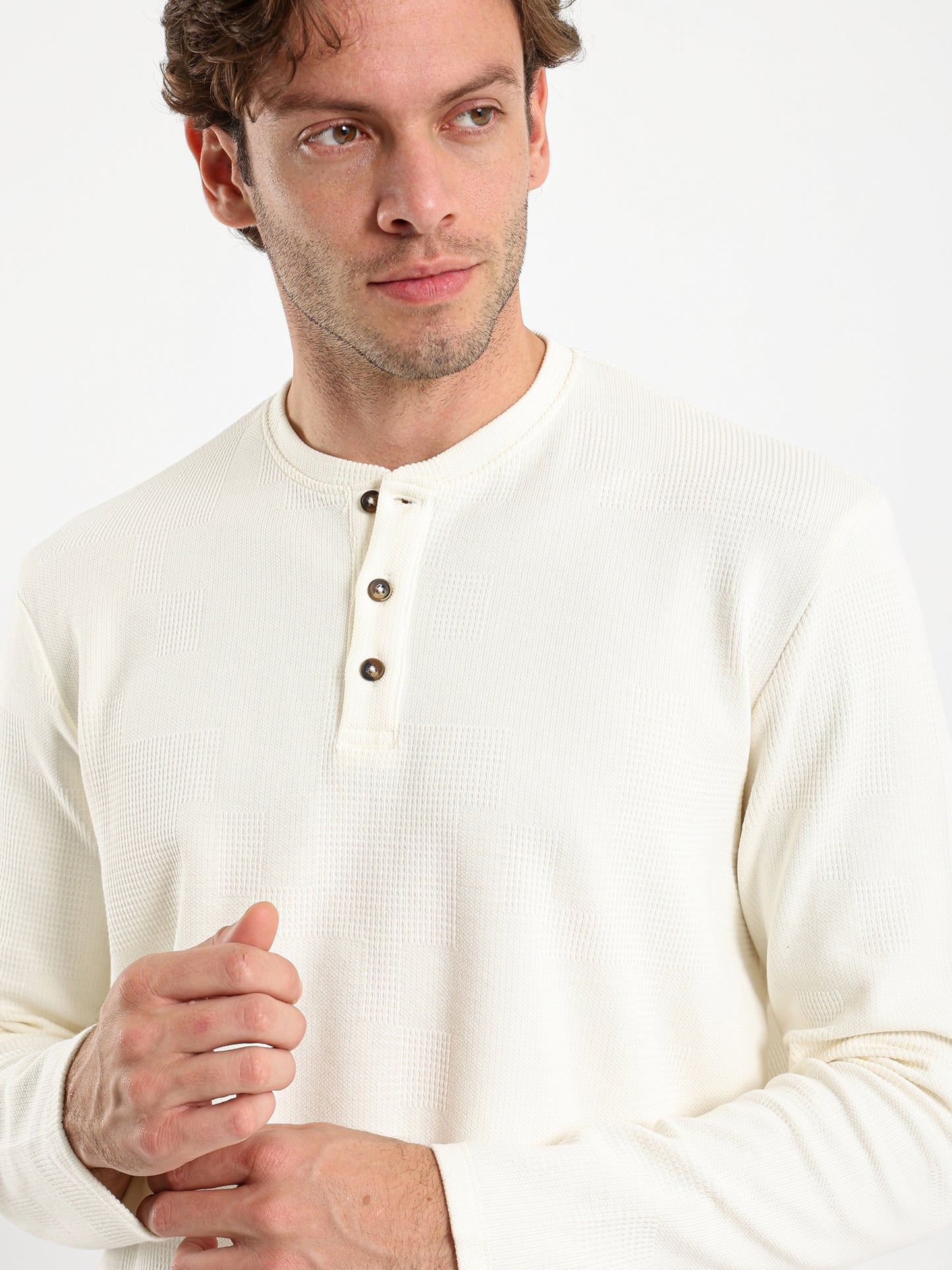 Waffle Grandad Collar Long Sleeve T-Shirt