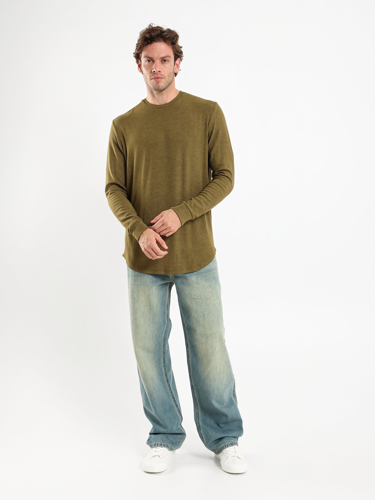 Rib Long Fit Round Neck T-Shirt