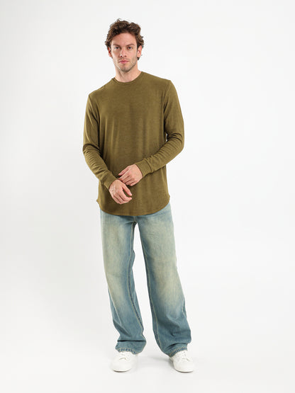 Rib Long Fit Round Neck T-Shirt