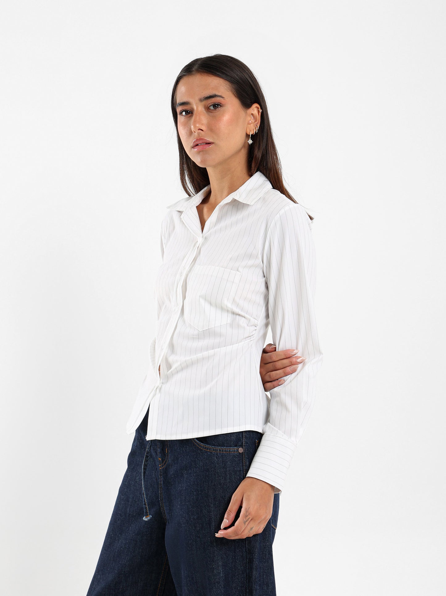 Striped Shirt with Gathered Side