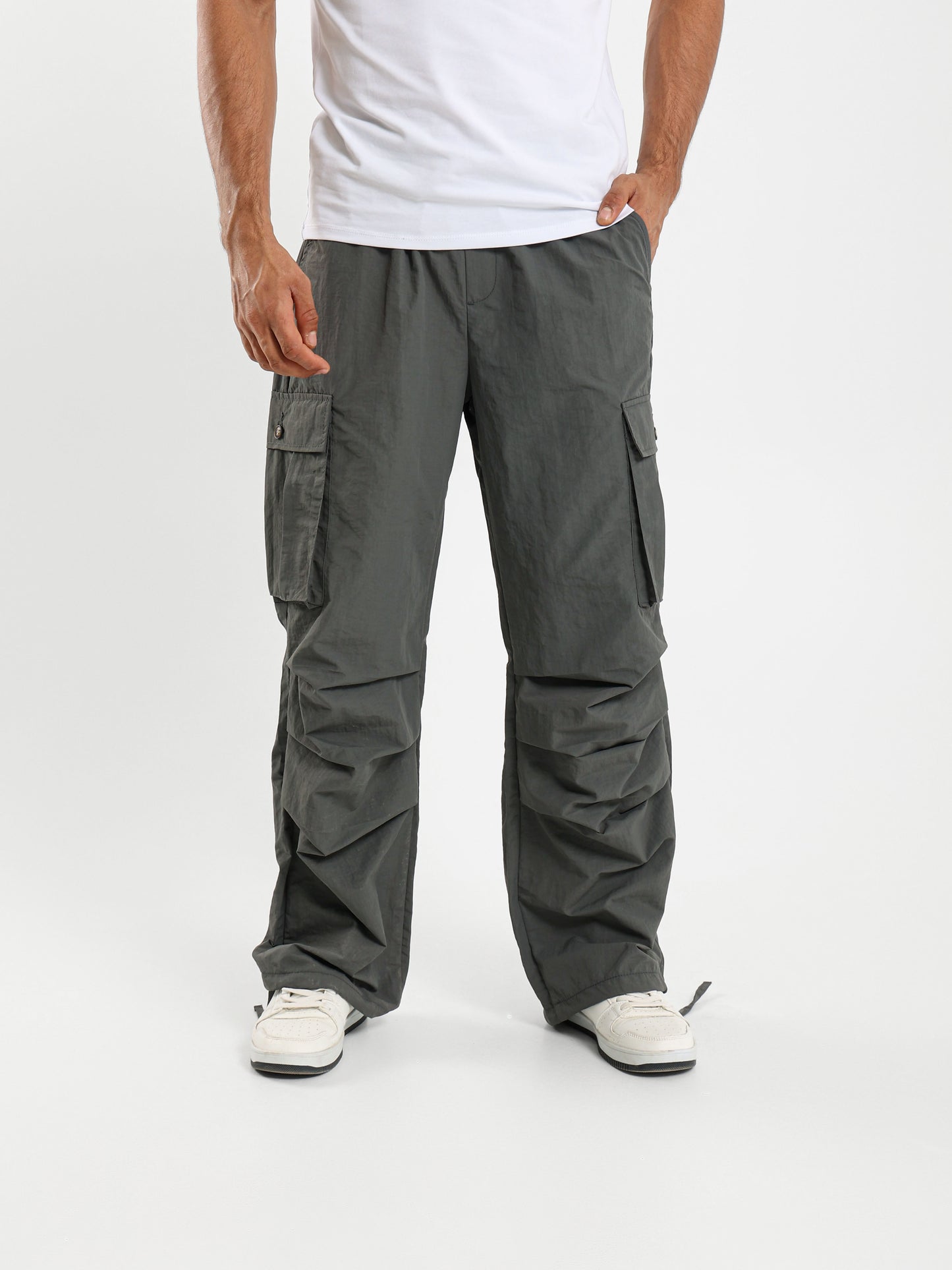 Grid Parachute Pants with Gathered Hem