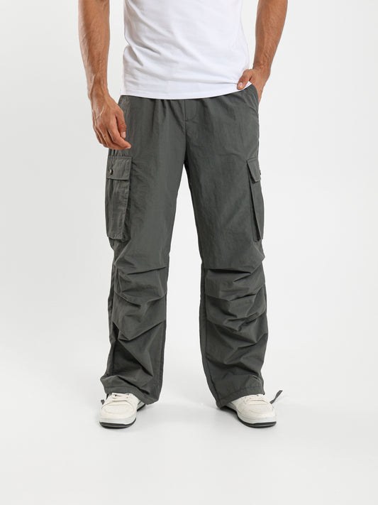 Grid Parachute Pants with Gathered Hem