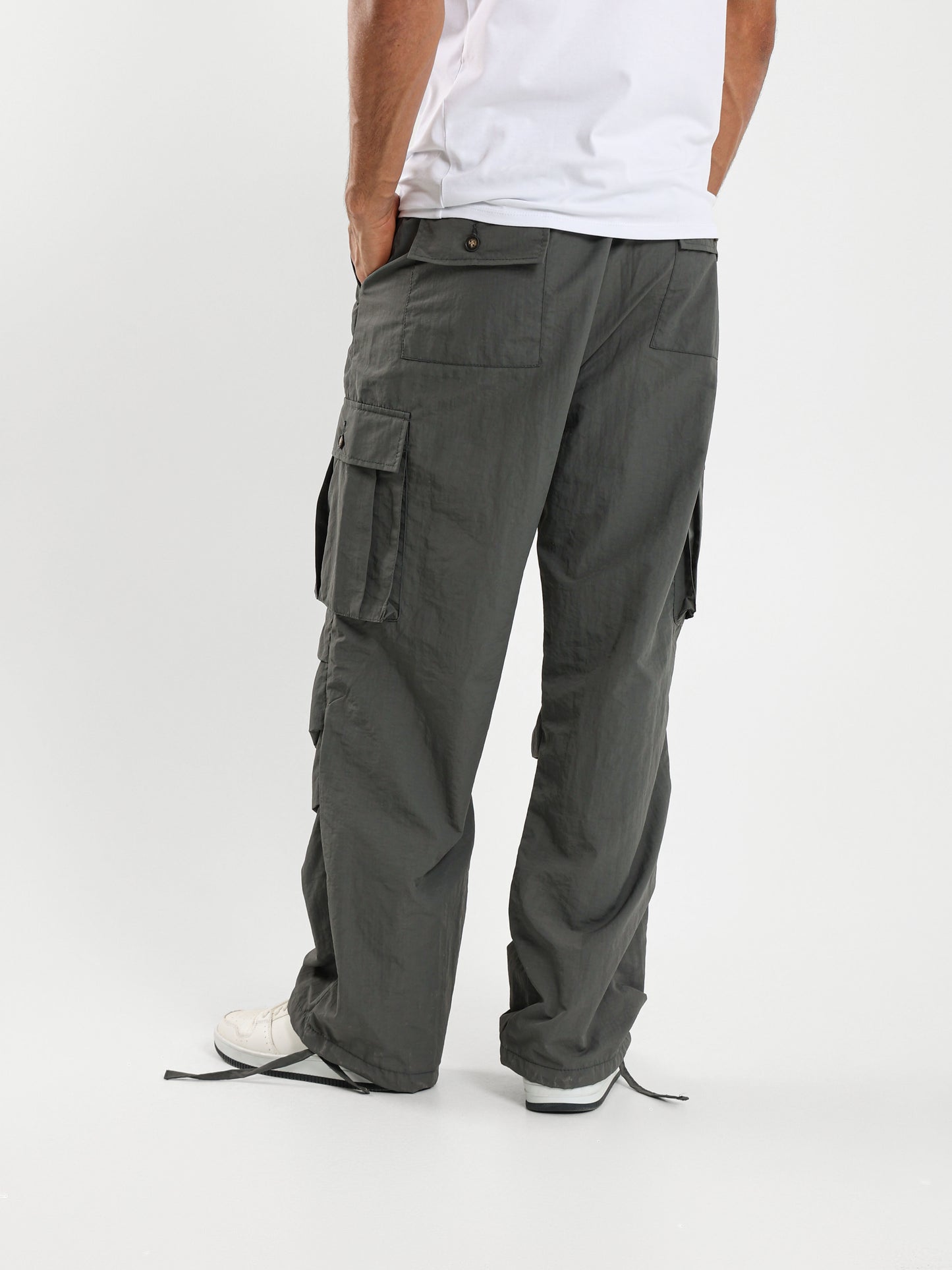 Grid Parachute Pants with Gathered Hem