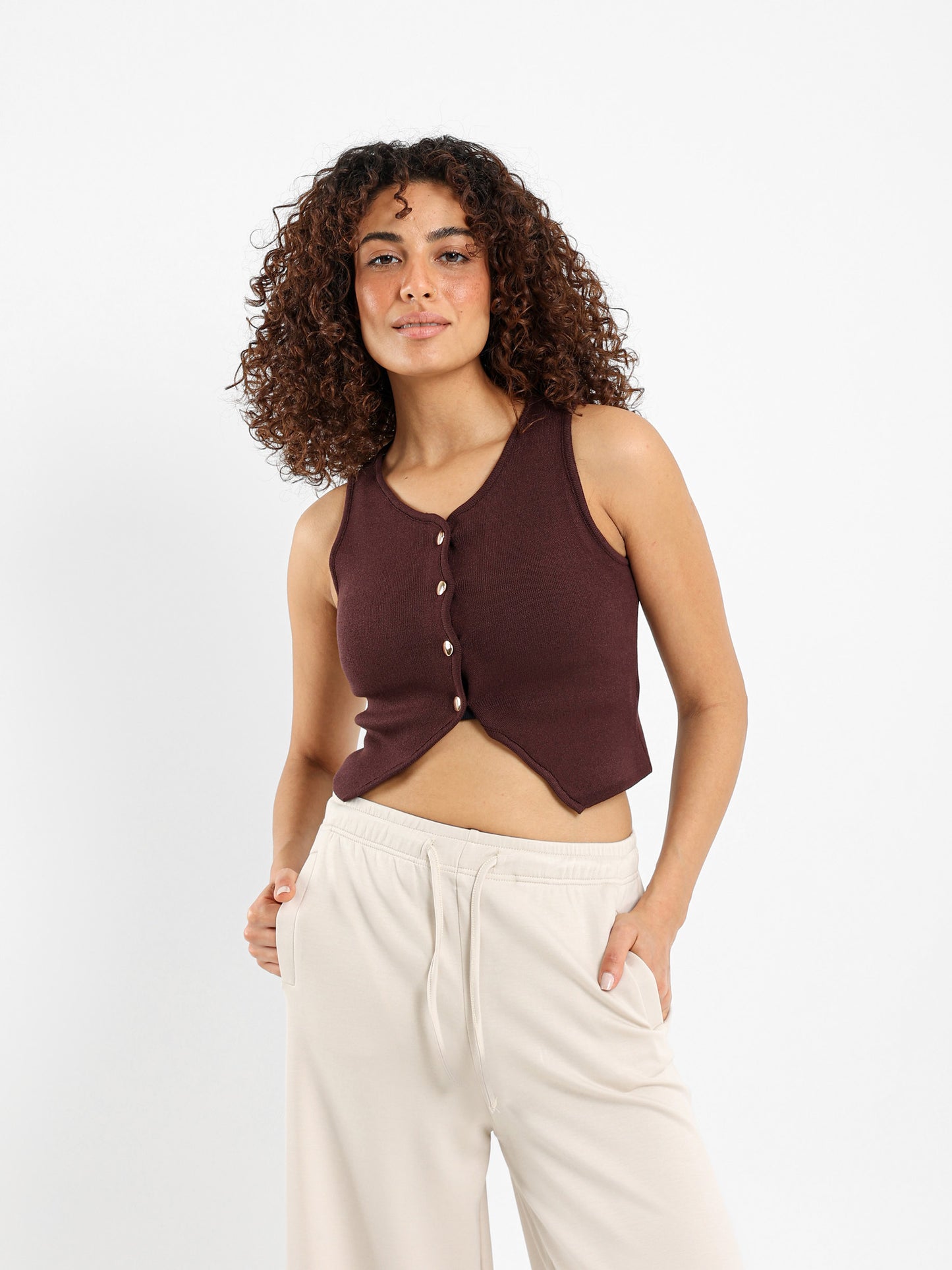 Sleeveless Button-Up Top with Front Slit