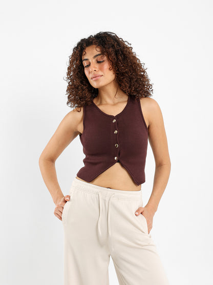 Sleeveless Button-Up Top with Front Slit