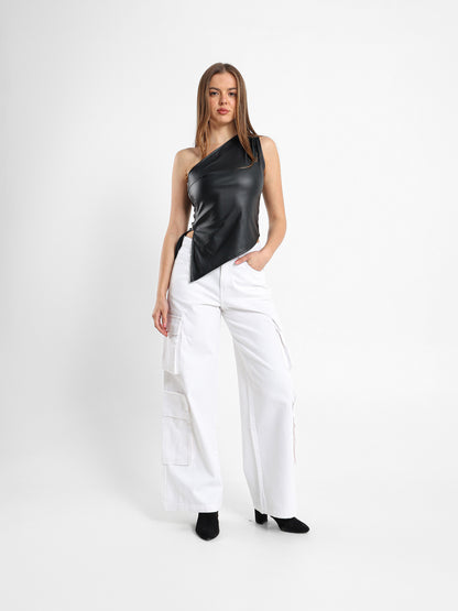 One Shoulder Leather Top With Side Slit