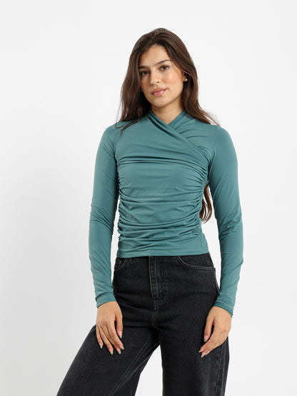 Criss Cross Neck Fitted Long Sleeve Top