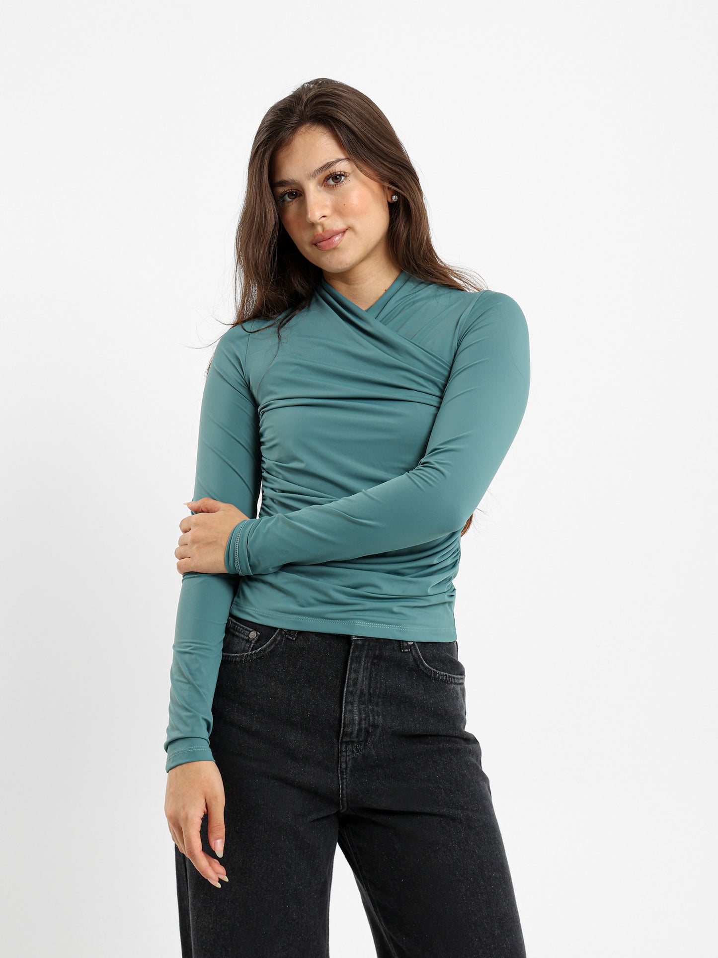 Criss Cross Neck Fitted Long Sleeve Top