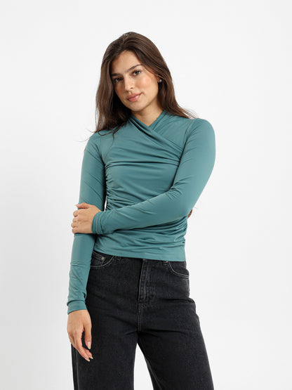 Criss Cross Neck Fitted Long Sleeve Top