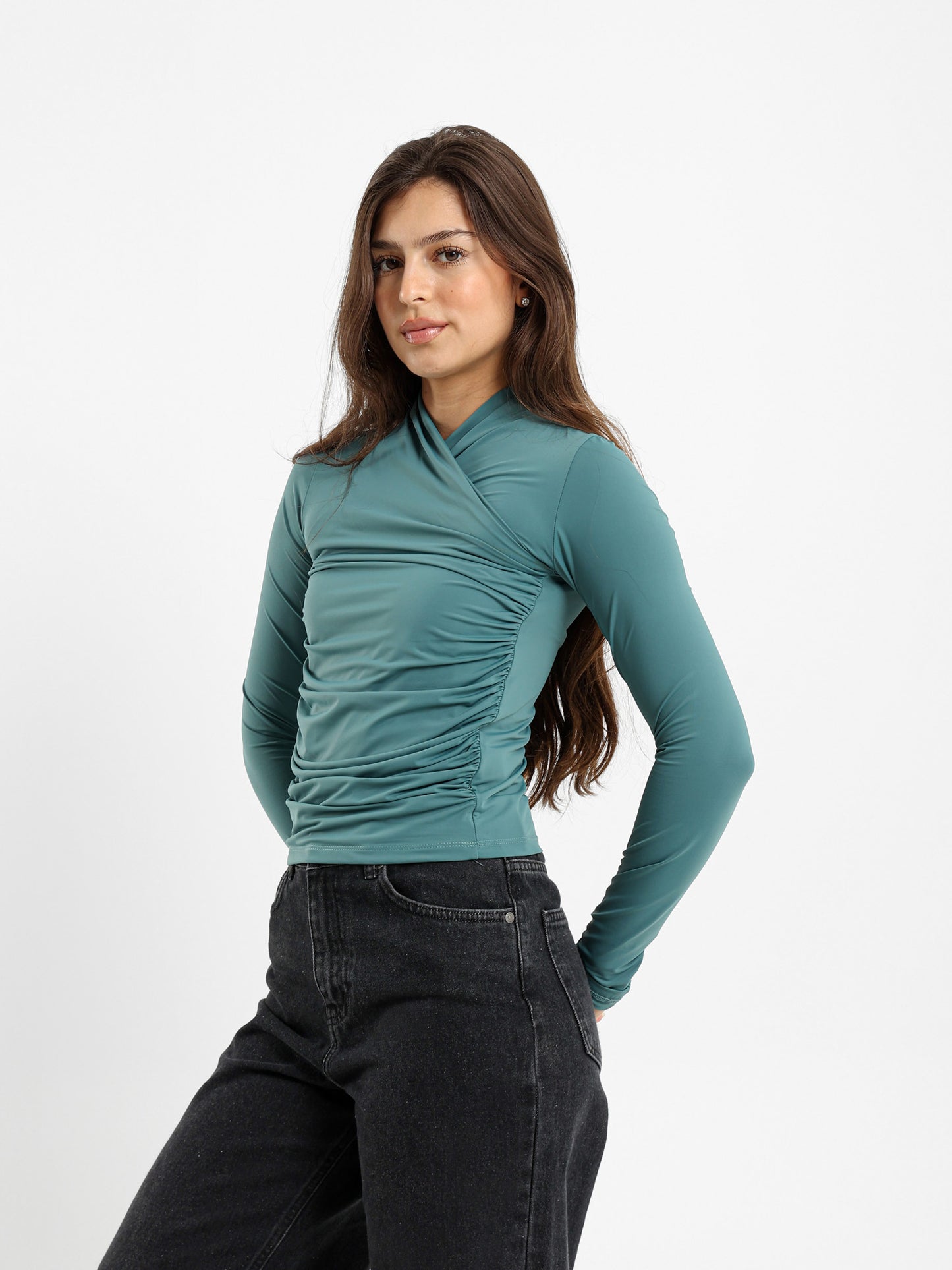 Criss Cross Neck Fitted Long Sleeve Top