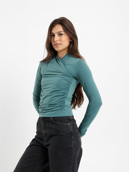 Criss Cross Neck Fitted Long Sleeve Top