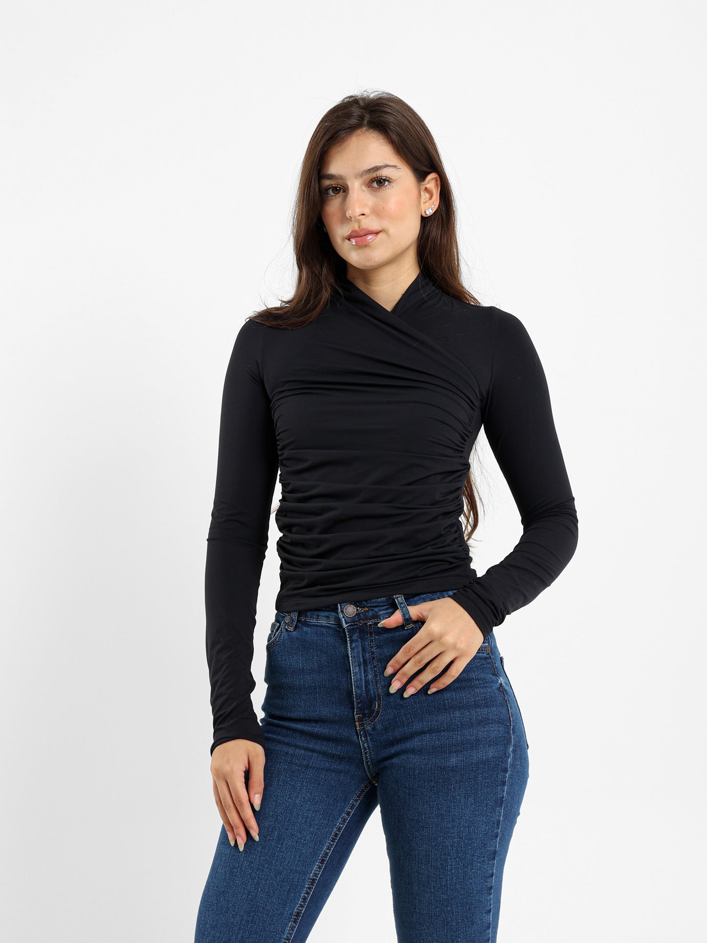 Criss Cross Neck Fitted Long Sleeve Top