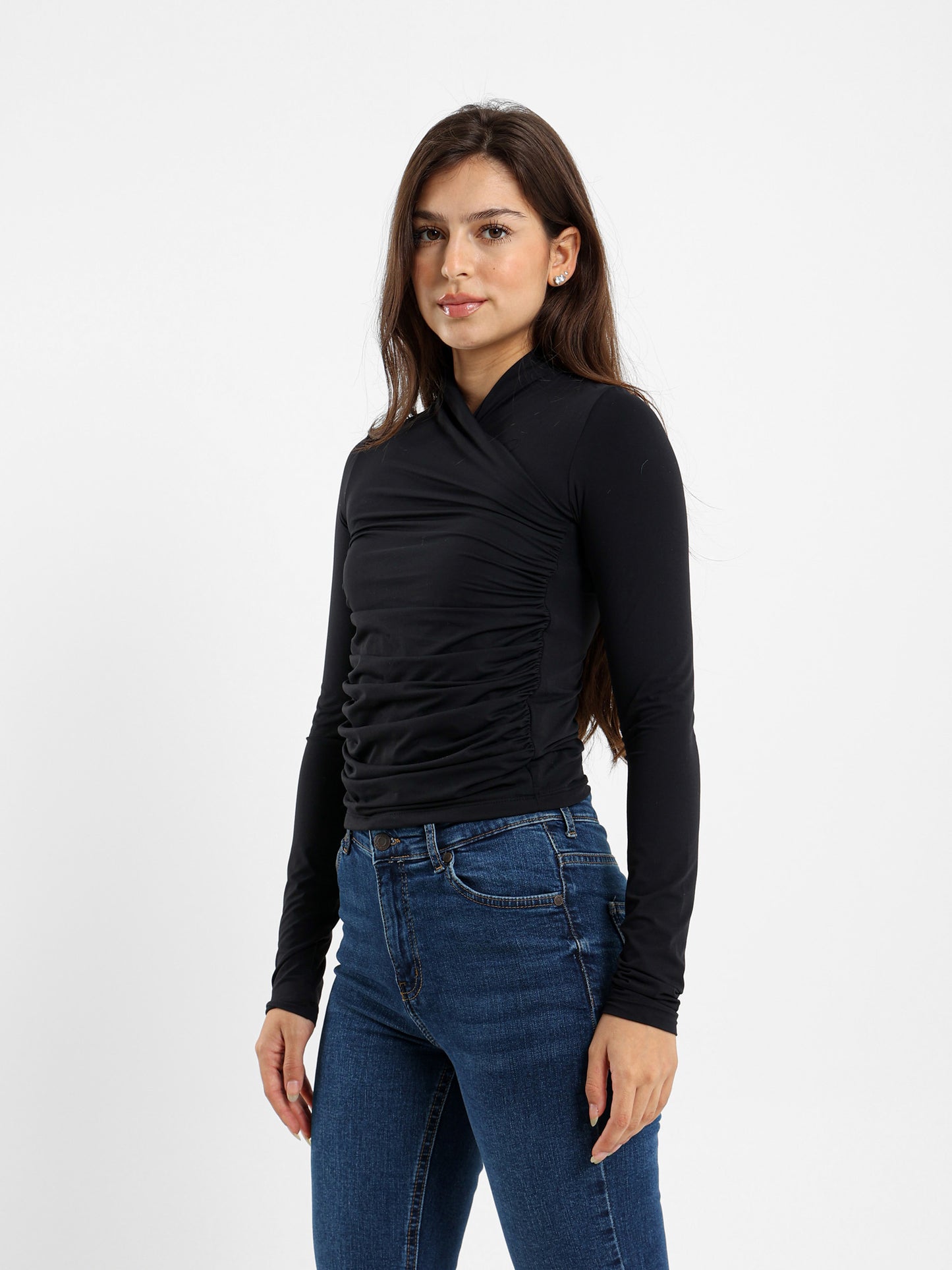 Criss Cross Neck Fitted Long Sleeve Top