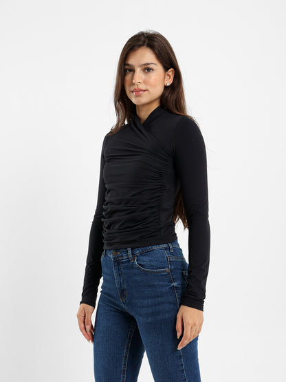 Criss Cross Neck Fitted Long Sleeve Top