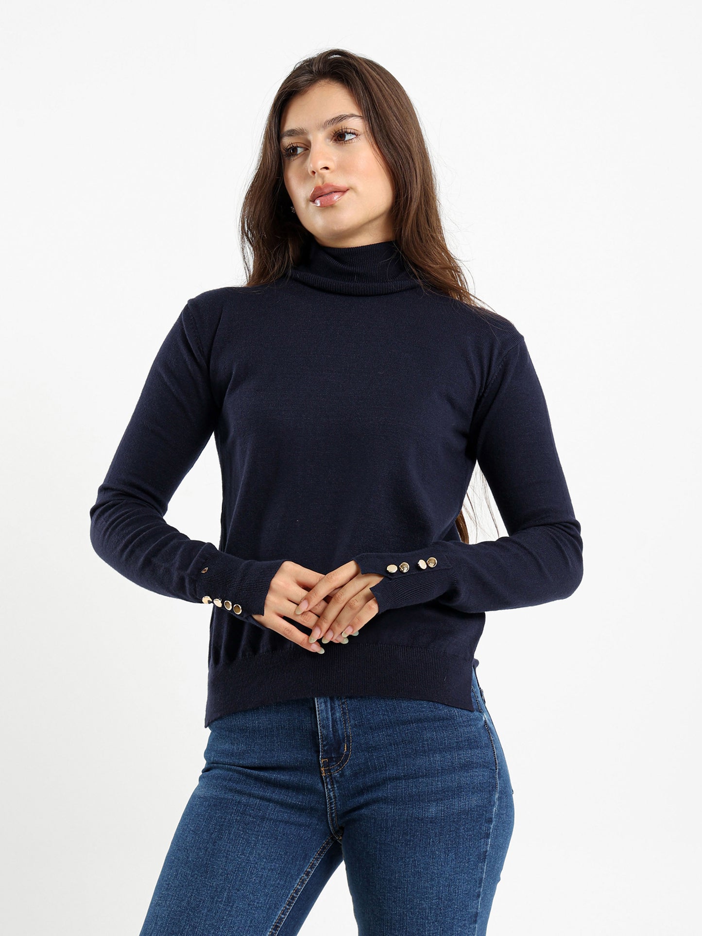 Fitted Turtleneck with Gold Buttons