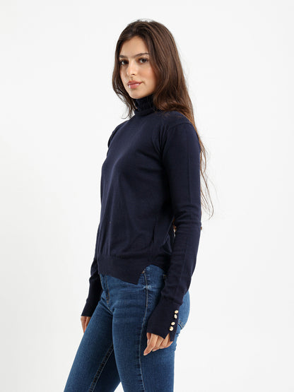 Fitted Turtleneck with Gold Buttons