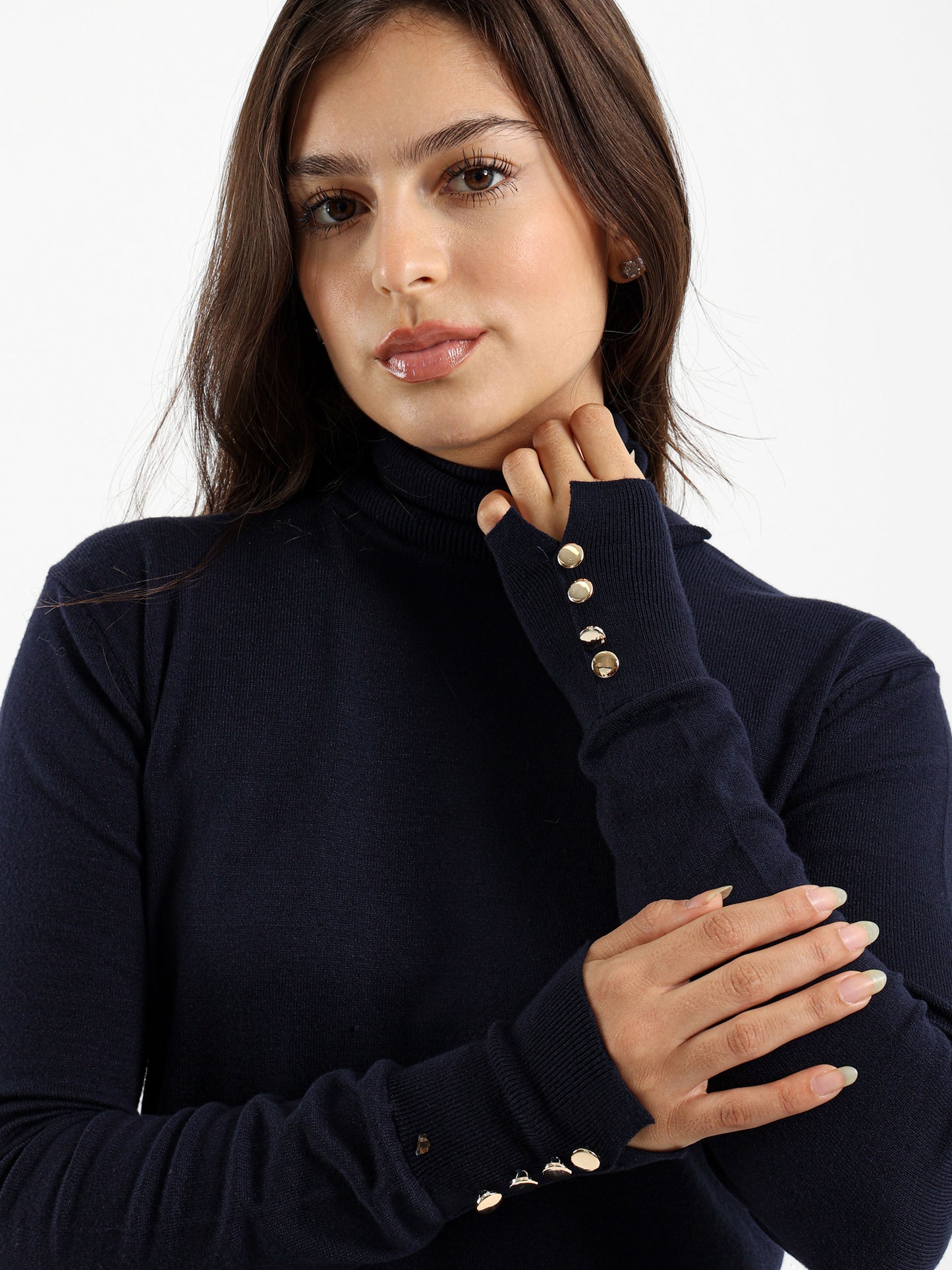 Fitted Turtleneck with Gold Buttons