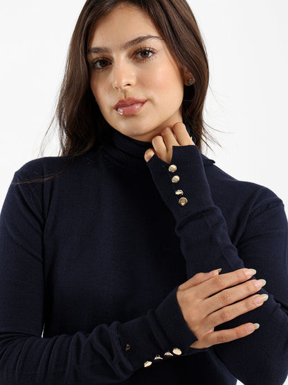 Fitted Turtleneck with Gold Buttons