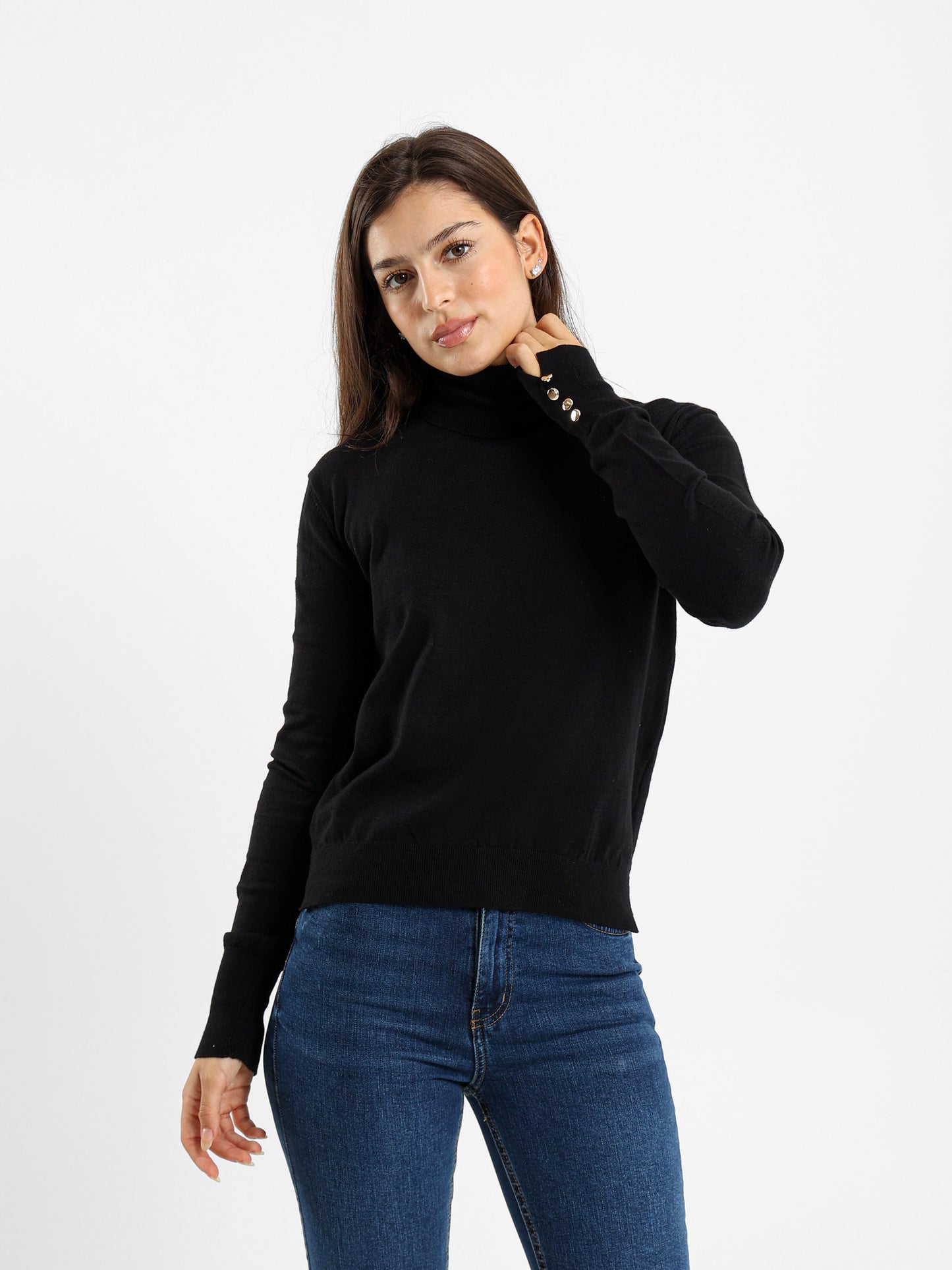 Fitted Turtleneck with Gold Buttons