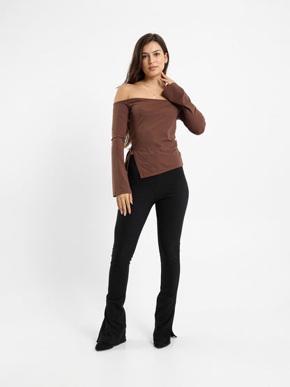 Off Shoulder Top With Slit And Tie Detail