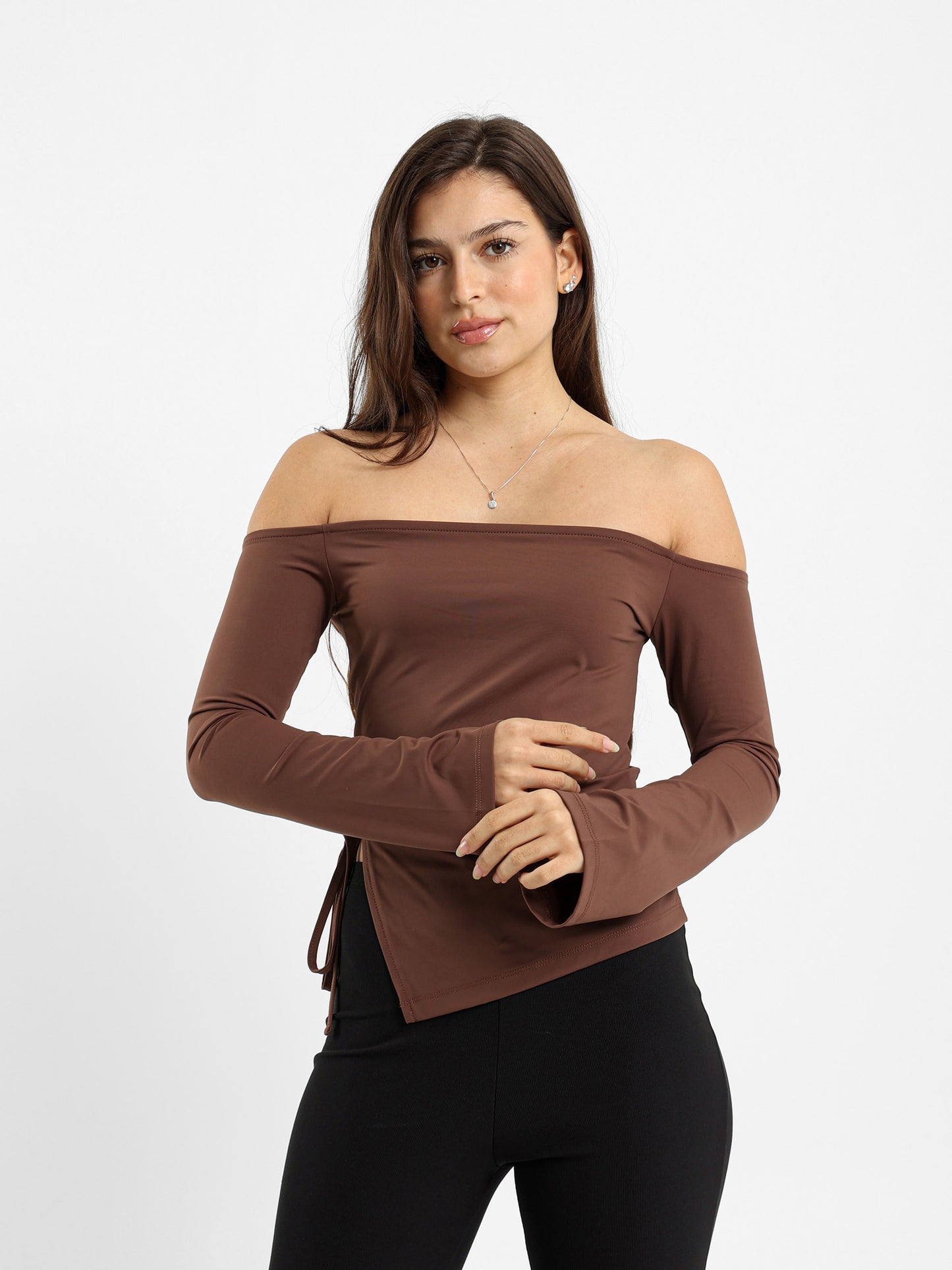 Off Shoulder Top With Slit And Tie Detail