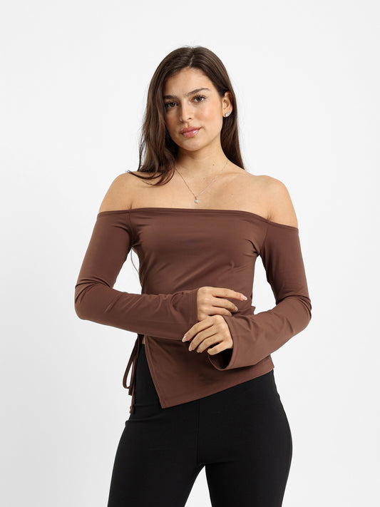 Off Shoulder Top With Slit And Tie Detail