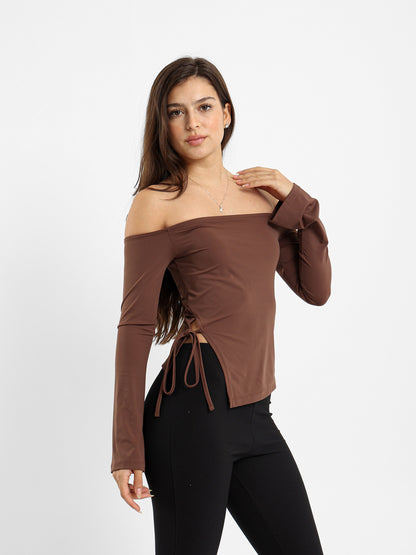 Off Shoulder Top With Slit And Tie Detail