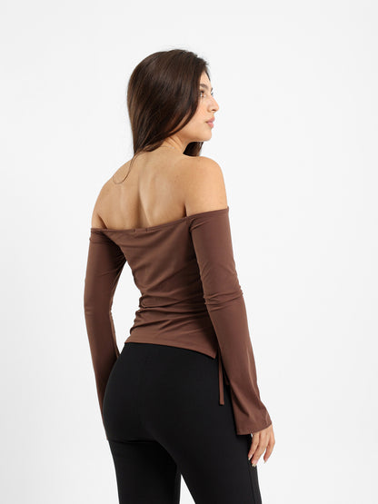 Off Shoulder Top With Slit And Tie Detail