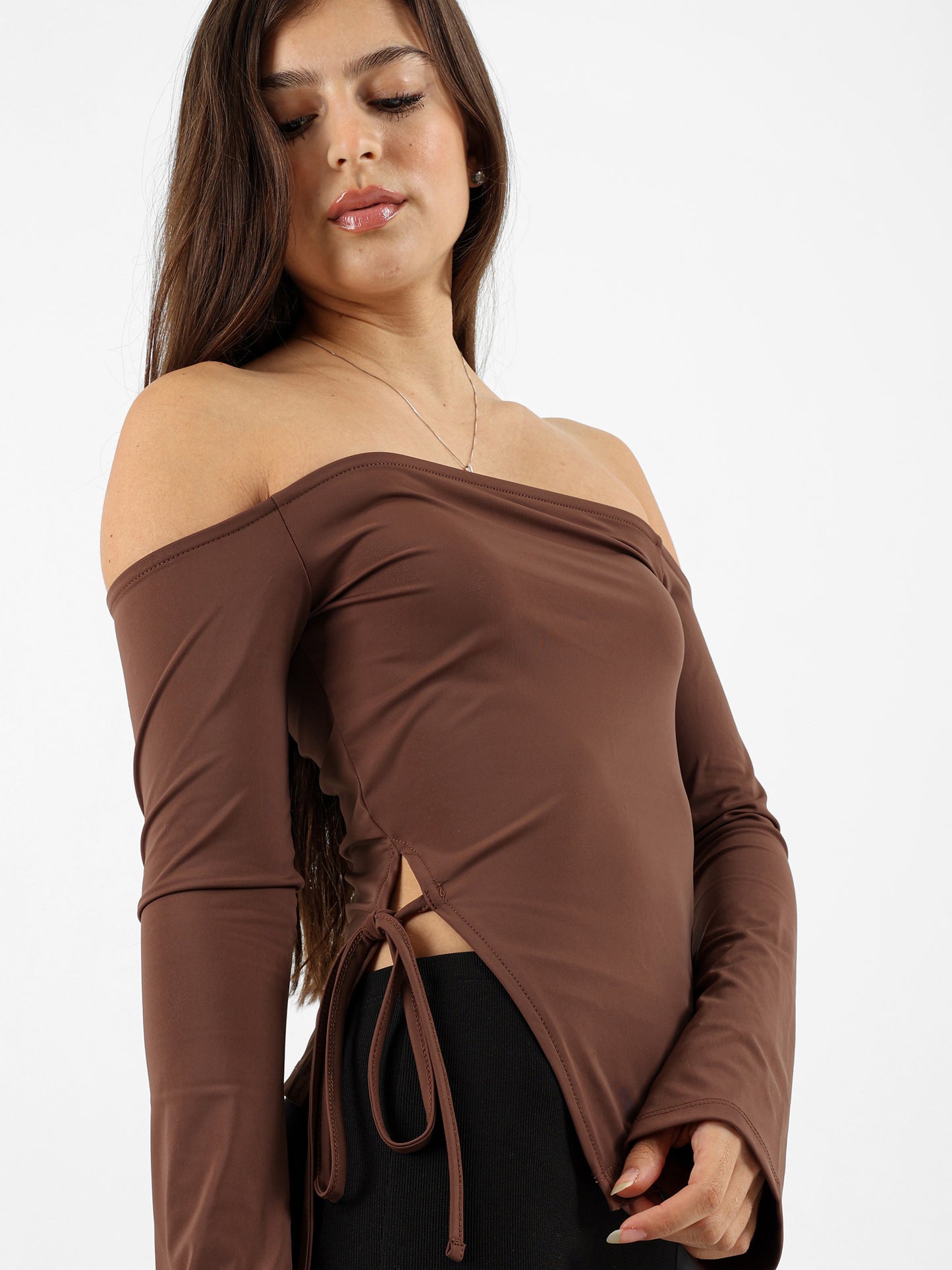 Off Shoulder Top With Slit And Tie Detail