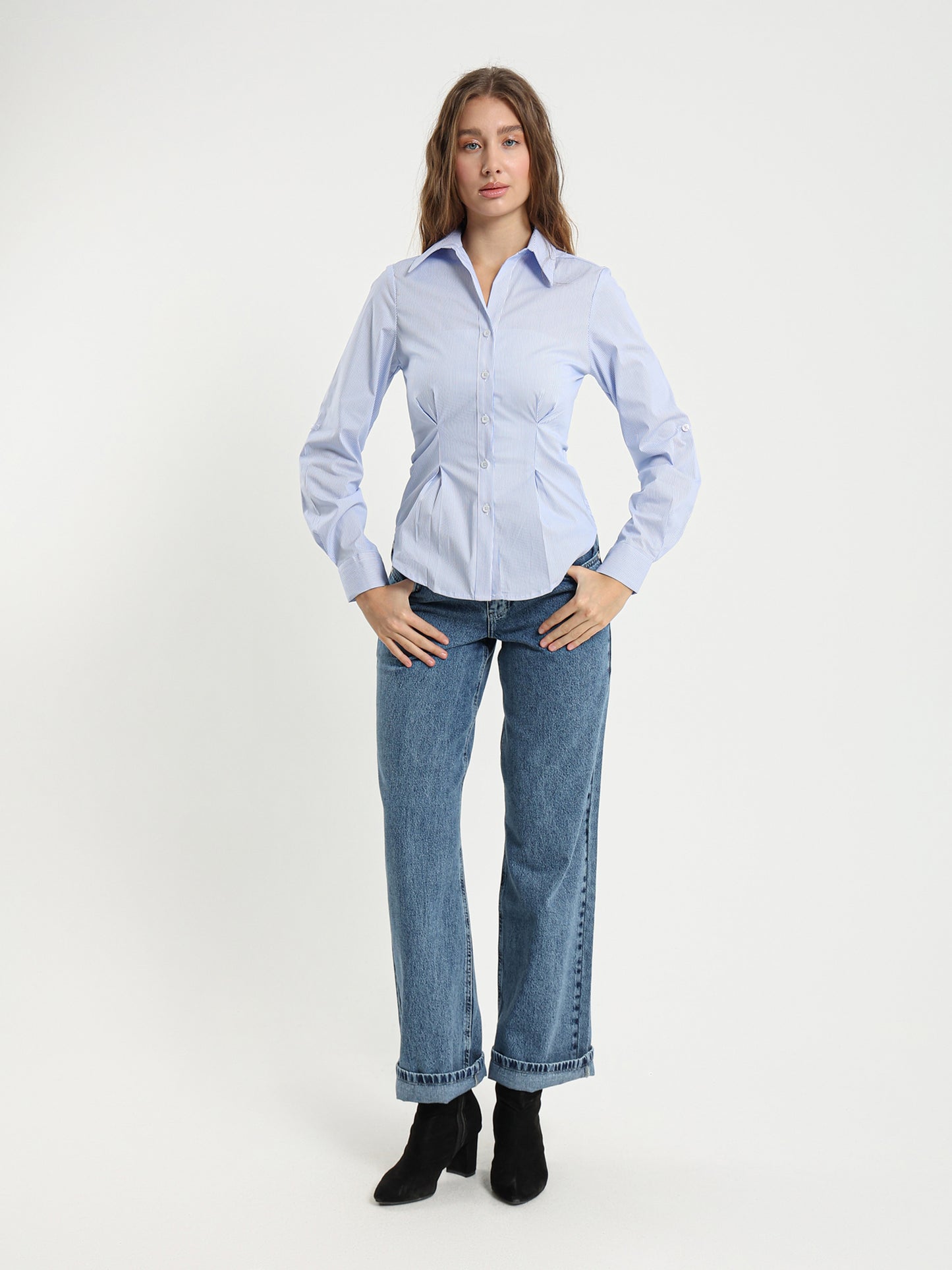 Pinstripe Fitted Shirt with Wide Collar