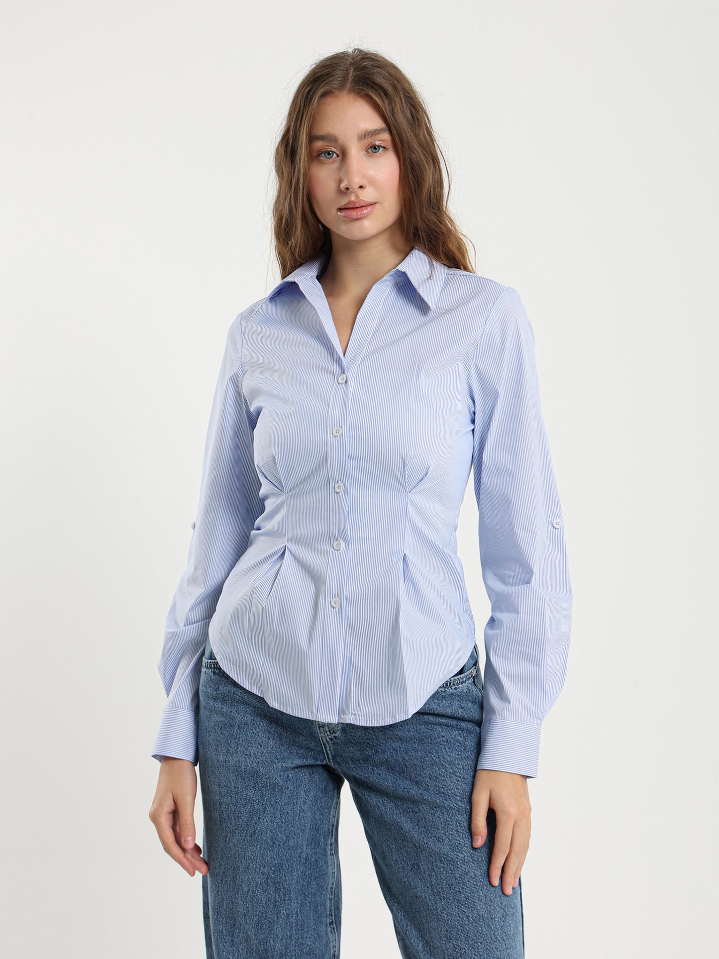 Pinstripe Fitted Shirt with Wide Collar