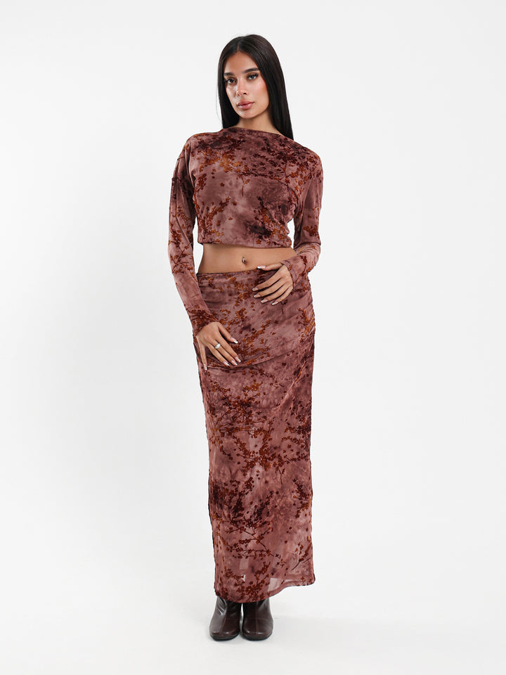 Printed Mesh Maxi Skirt