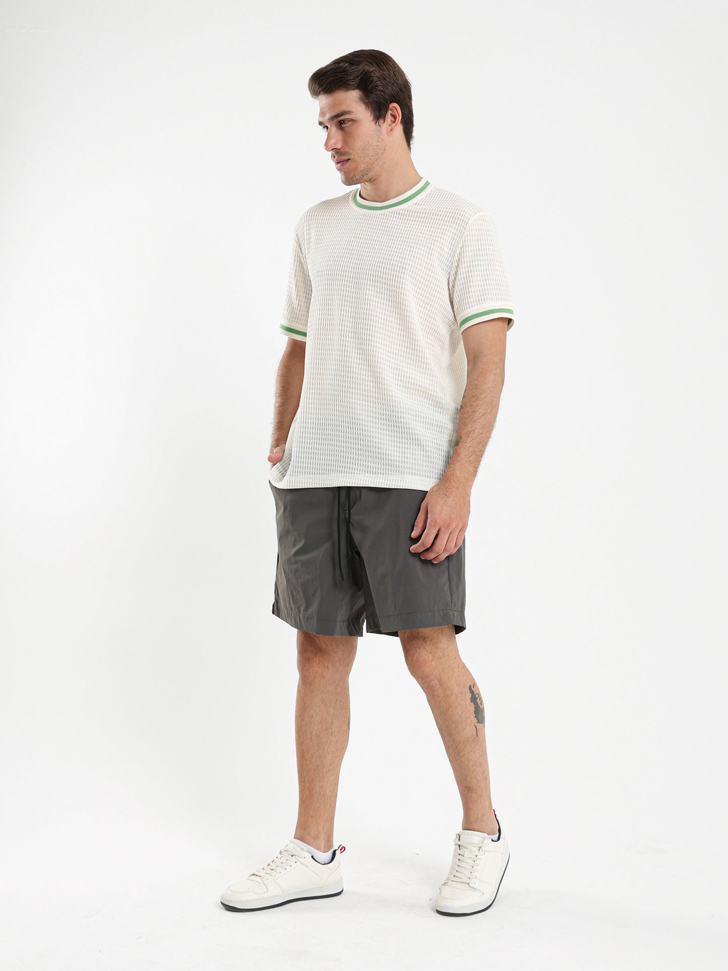 Textured Relaxed Fit T-Shirt with Contrast Ribbed
