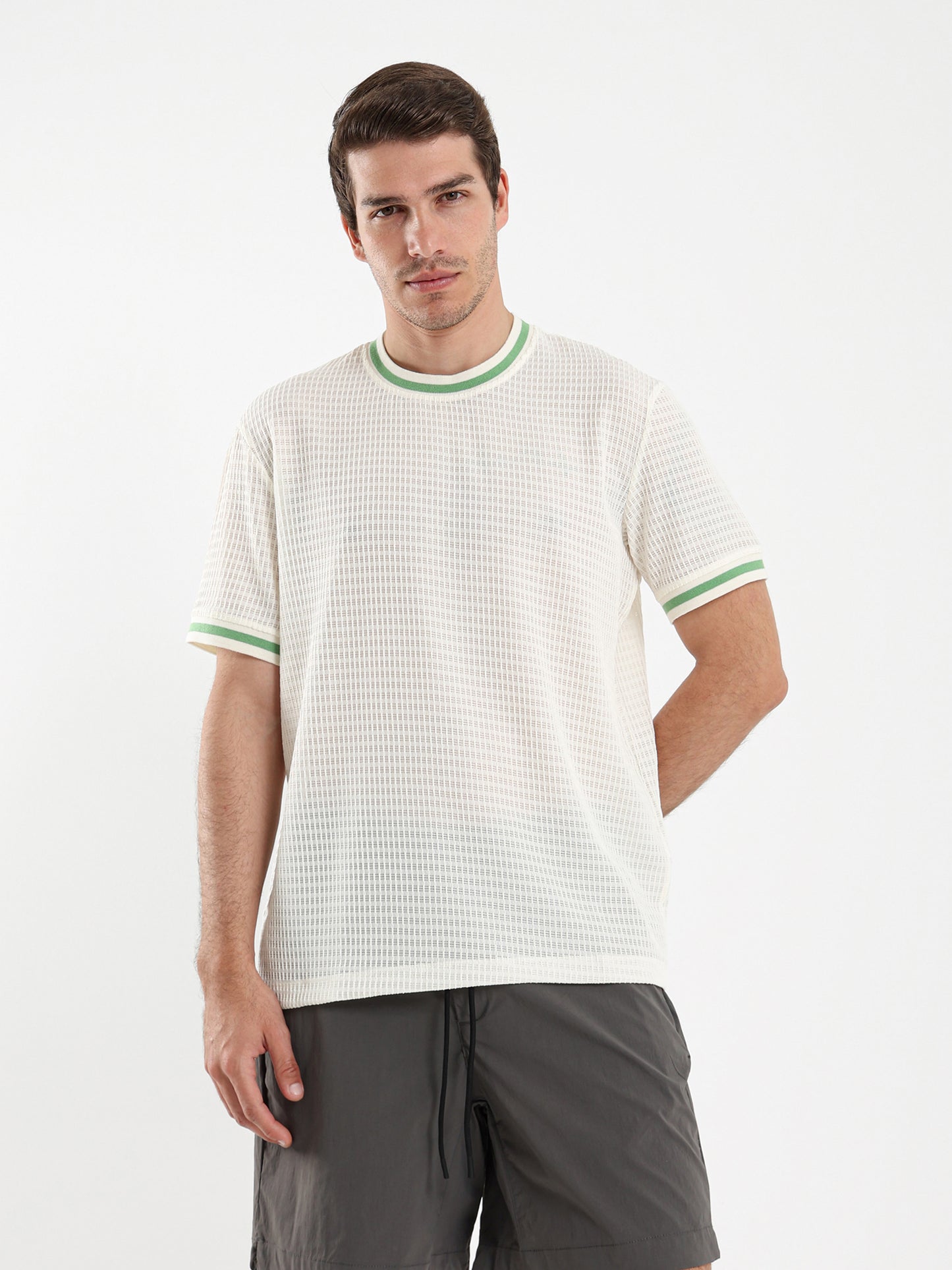 Textured Relaxed Fit T-Shirt with Contrast Ribbed
