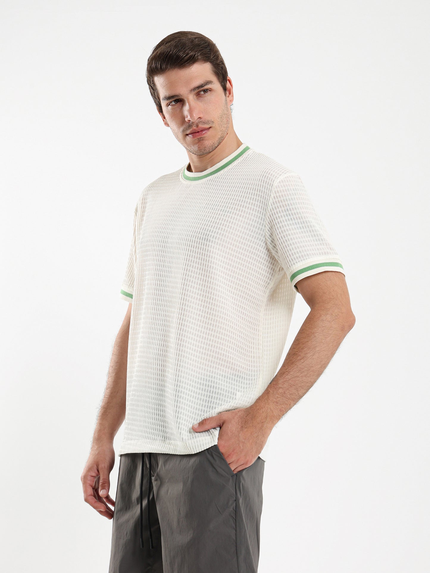 Textured Relaxed Fit T-Shirt with Contrast Ribbed