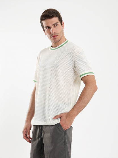 Textured Relaxed Fit T-Shirt with Contrast Ribbed