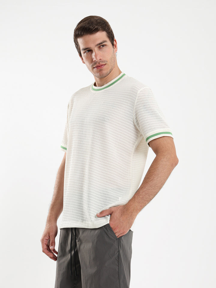 Textured Relaxed Fit T-Shirt with Contrast Ribbed
