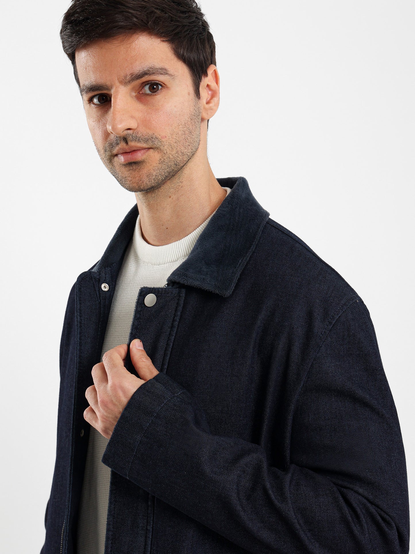 Denim Jacket with Teddy Collar