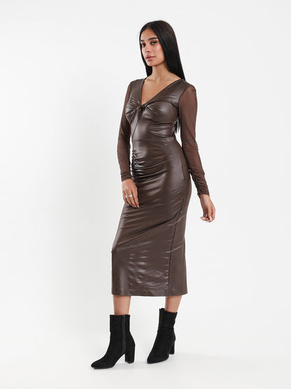 Leather Midi Dress with Mesh Long Sleeves