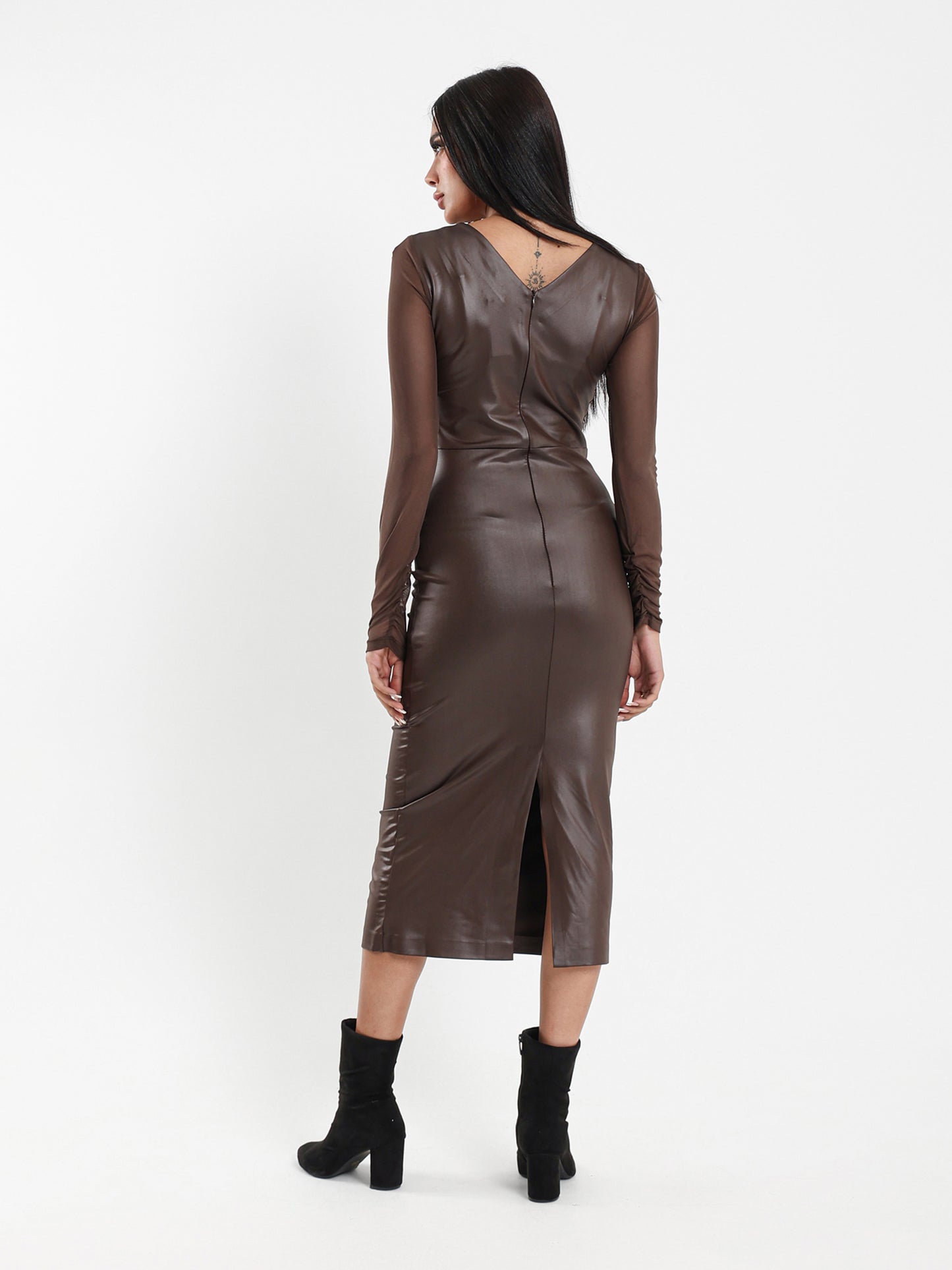 Leather Midi Dress with Mesh Long Sleeves