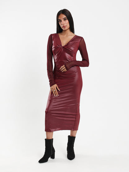 Leather Midi Dress with Mesh Long Sleeves