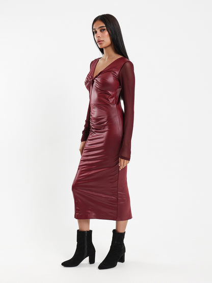 Leather Midi Dress with Mesh Long Sleeves