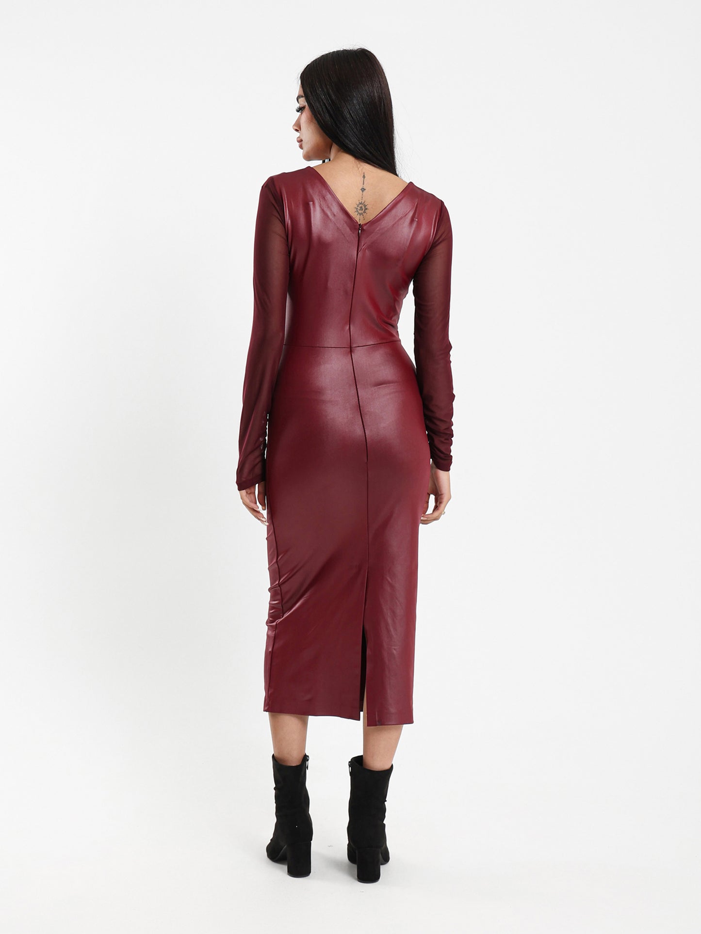 Leather Midi Dress with Mesh Long Sleeves