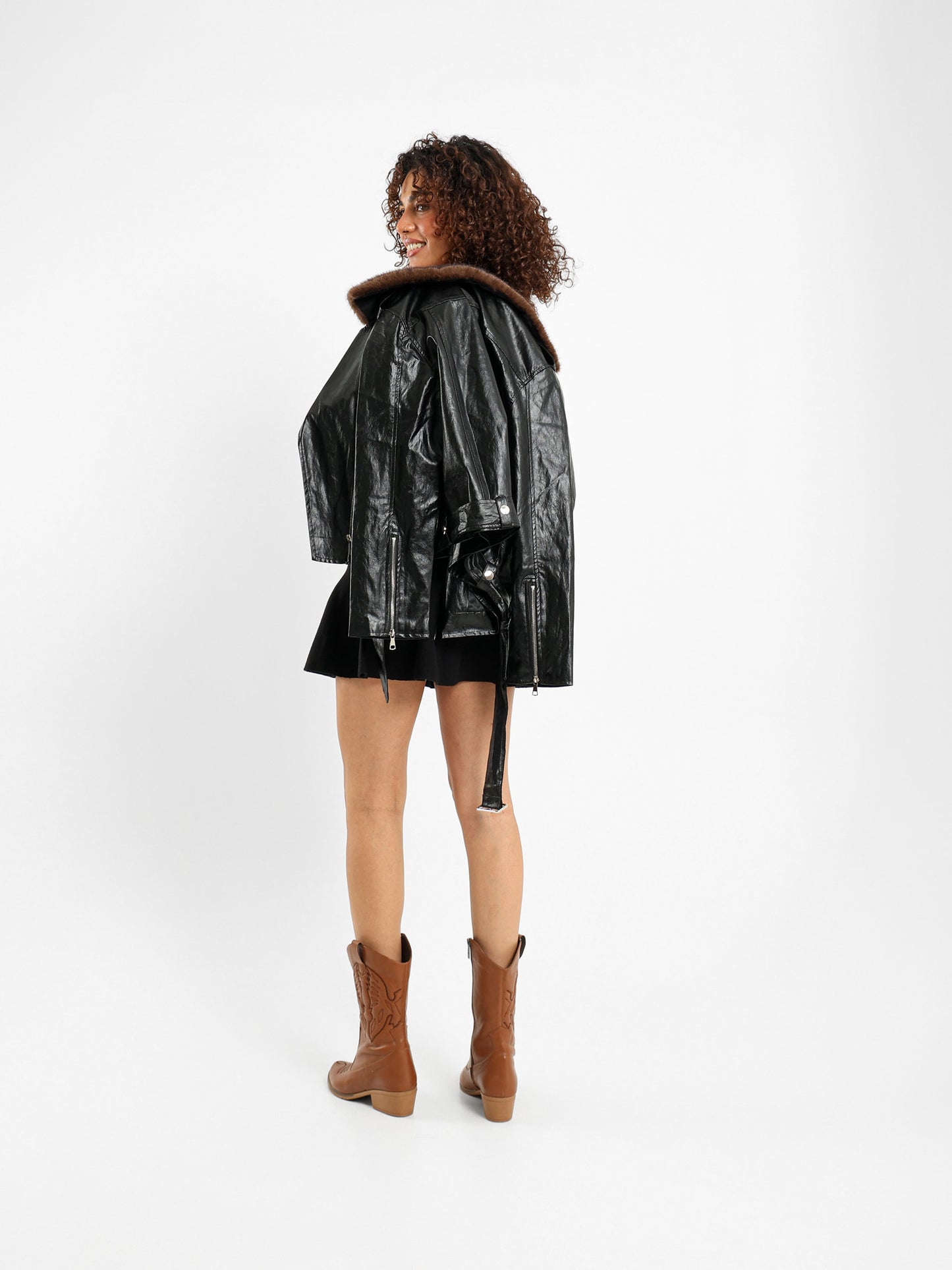 Washed Biker Jacket with Fur Collar Insert