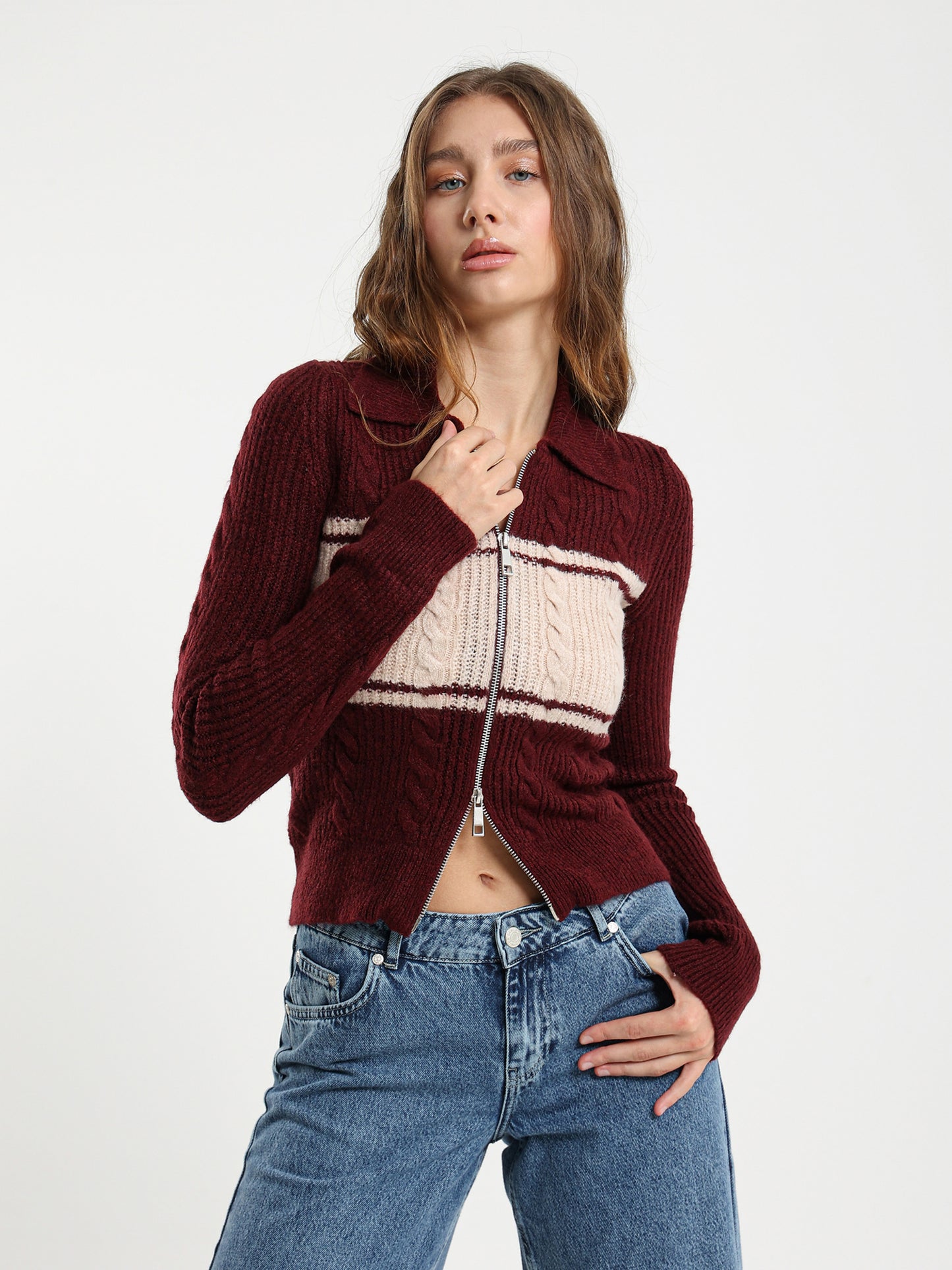 Color Block Cable Knit Cardigan