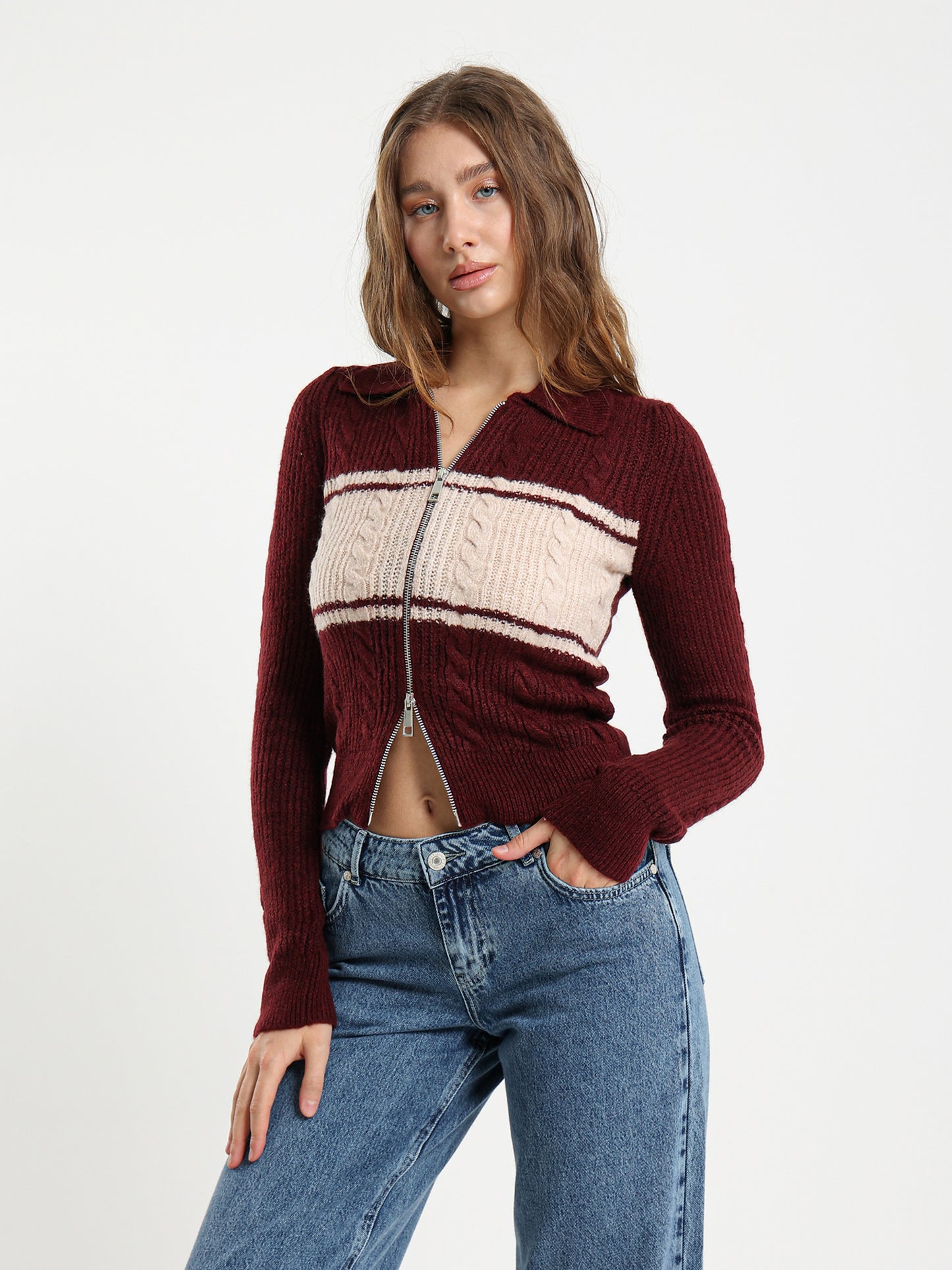 Color Block Cable Knit Cardigan